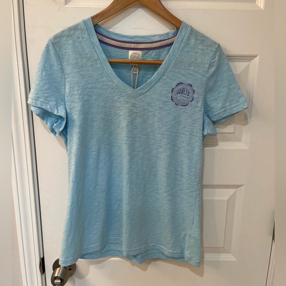 JOULES Ribera Women’s V-Neck T-Shirt Size 12 Baby Blue Equestrian NWT FLAW